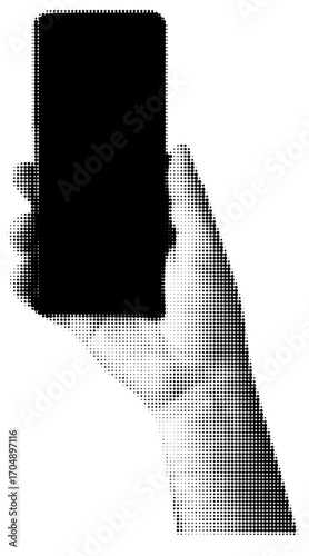 Collage halftone hand holding smart phone. Modern vector rock illustration isolated cut out element for infographic presentations mediapromotion poster website