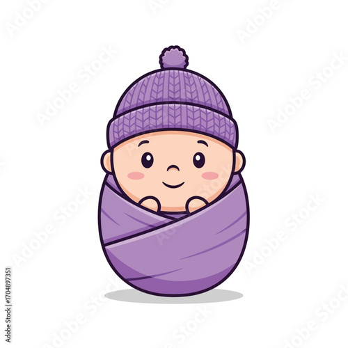 Charming illustration of a happy newborn baby wrapped in a purple swaddle and wearing a cute knitted cap with a pom-pom