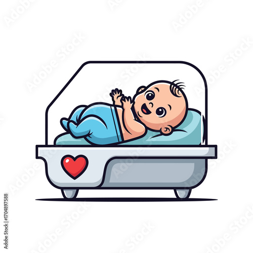 Adorable cartoon baby boy smiling happily in a modern medical incubator with a heart symbol, representing newborn care and pediatrics