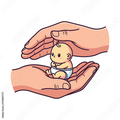 A gentle illustration of parental care and protection, with large hands tenderly holding a tiny newborn infant