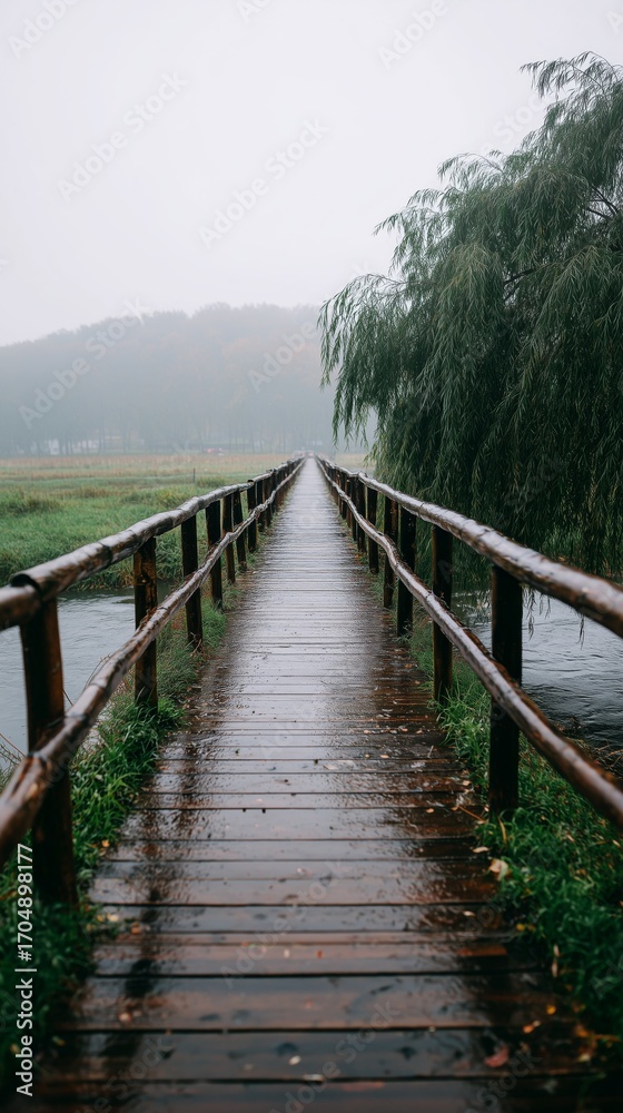 Fototapeta premium A rustic wooden bridge stretches through misty wetlands, surrounded by lush greenery and peaceful water, evoking calm and solitude.