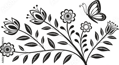 Whimsical hand-drawn floral arrangement with butterfly celebrating nature's delicate beauty and springtime enchantment