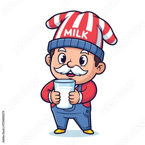 A whimsical illustration of a vintage-style milkman character, cheerfully presenting a glass of fresh dairy milk