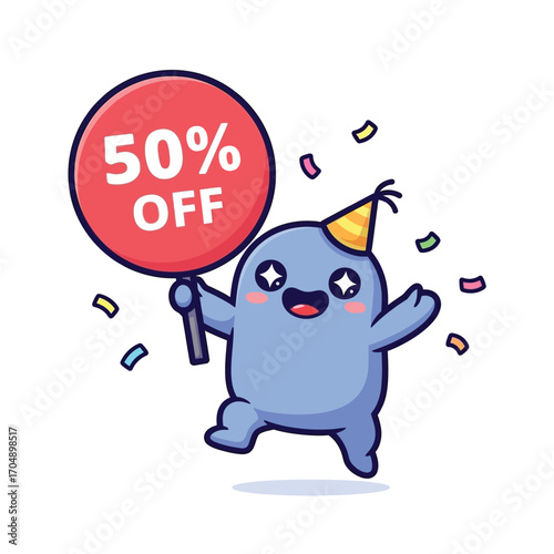 Happy blue cartoon monster celebrating with a 50 percent off discount sign. Adorable character mascot for sale promotions and special offers