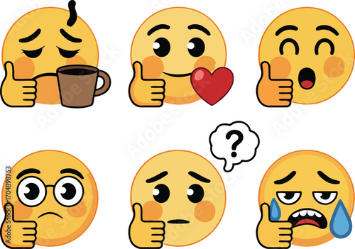 Six yellow faces with different expressions and gestures thumbs