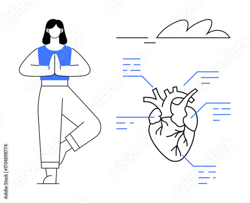 Woman practicing yoga near labeled heart diagram under calm sky. Ideal for wellness, health education, mindfulness, balance, lifestyle, self-care, medical awareness. Modern and simple flat metaphor