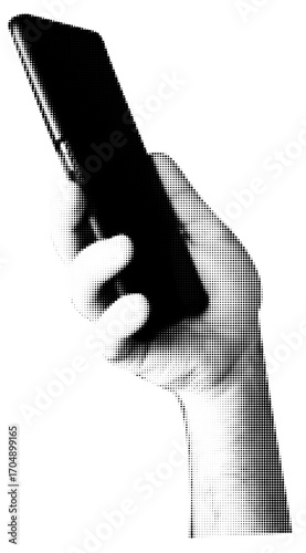 Collage halftone hand holding smart phone. Modern vector rock illustration isolated cut out element for infographic presentations mediapromotion poster website