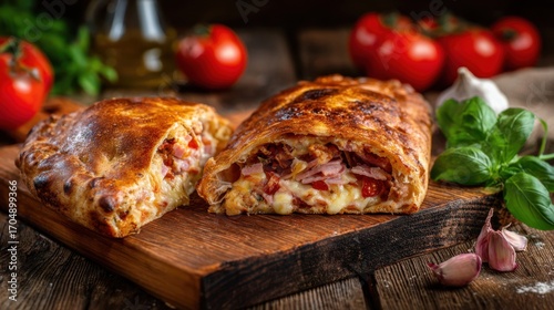 Delicious Homemade Calzone with Melted Cheese, Fresh Vegetables, and Savory Meat on a Rustic Wooden Table Surrounded by Ingredients and Decor