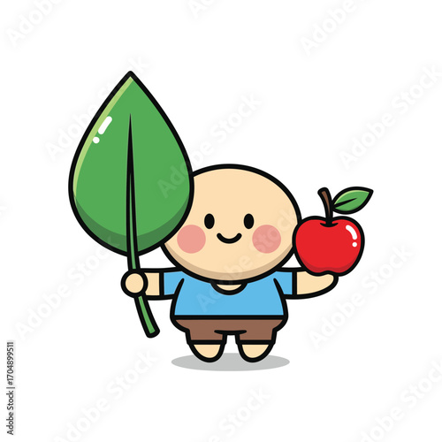Charming illustration of a happy child with a fresh apple and a large green leaf, representing a wholesome connection to nature and healthy eating habits