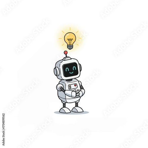 Cute cartoon robot character having a brilliant idea with a glowing lightbulb. A concept of AI innovation and creative problem-solving