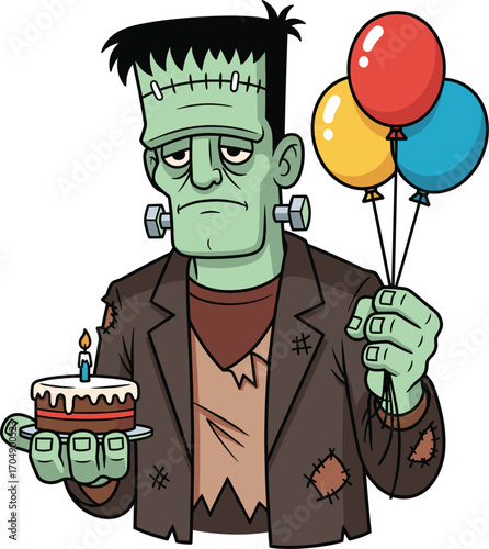 Frankenstein monster holding birthday cake and balloons