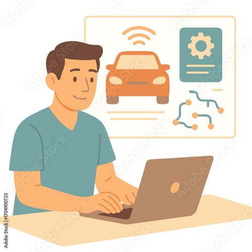 Flat vector illustration of man working on laptop with self-driving car interface. Artificial intelligence, autonomous vehicle, smart mobility and automotive technology concept