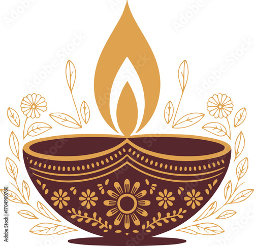 This is a stylized illustration of a diya, an oil lamp traditionally used in India. The diya is a deep maroon color with intricate gold floral patterns. A bright, stylized flame in shades of gold 