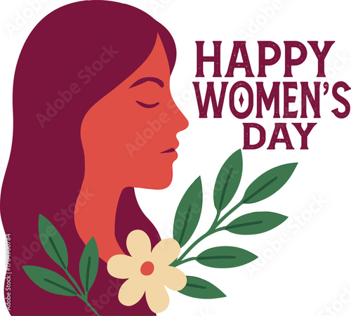 This image is a vibrant illustration celebrating Women's Day. A woman's profile, rendered in a warm reddish hue, is adorned with a sprig of green leaves and a delicate cream-colored flower. 