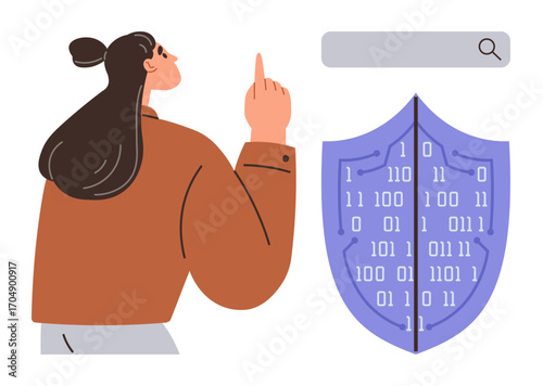 Woman in brown jacket gestures at shield filled with binary code next to search bar. Ideal for cybersecurity, data protection, online privacy, internet safety, secure search, encryption, simple flat