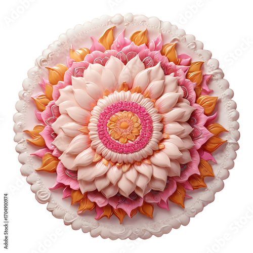 Layered pink and orange floral mandala with white textured border on white flower