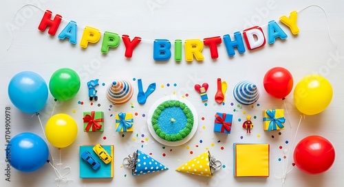 Vibrant birthday party setup with festive decorations, balloons, gifts, and a mini cake.