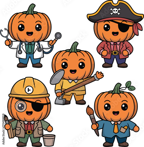 Five cute pumpkins dressed as different professions orange green