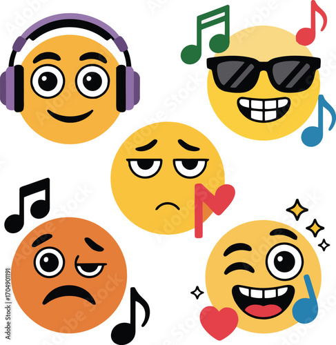 Five expressive cartoon faces with musical notes and hearts emoji yellow