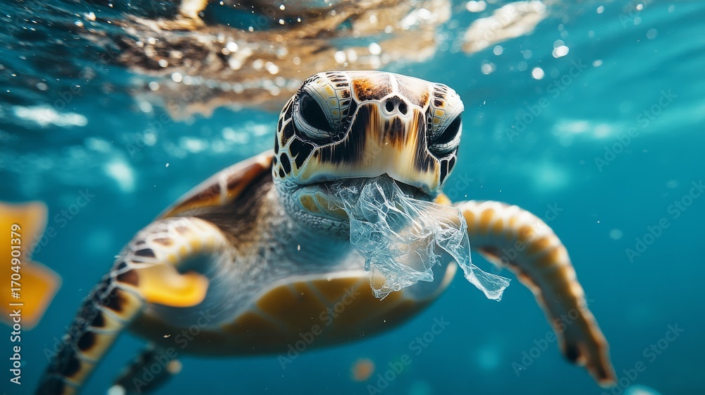 Obraz premium close-up of turtleâ€™s head and beak capturing shredded plastic film, surrounded by drifting debris in clear blue ocean