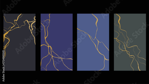 Gold luxury kintsugi crack poster. Japanese art of repairing broken pottery. Vector illustration vertical set of backdrop poster background with intertwine graceful veins. gold broken seams