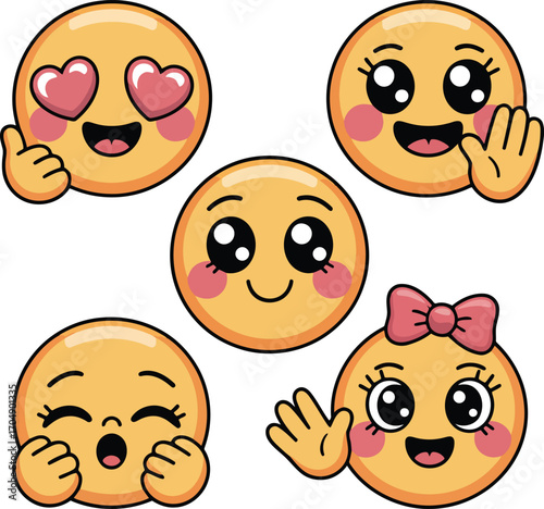 Five yellow cartoon faces with various expressions and pink cheeks vector