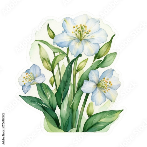 Light Blue Flowers with Green Stems and Leaves Watercolor Art blossom bloom