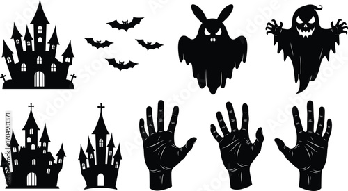 Halloween haunted castle vector set with spooky bats, ghostly figures, creepy hands, perfect for horror and spooky seasonal designs.