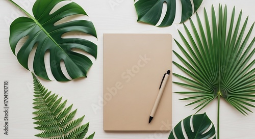 Notebook amidst tropical foliage arranged on a light wooden surface