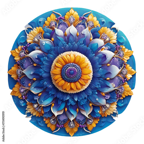 Luminous Blue and Yellow Floral Mandala with Gemstone Accents purple