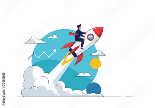 Man riding a rocket ship blasting off into space above clouds and a graph.