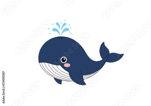 A cute cartoon whale spouting water in a playful ocean scene.