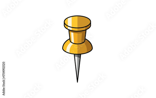 Illustration of a golden pushpin with a sharp silver needle on a plain white isolated background view