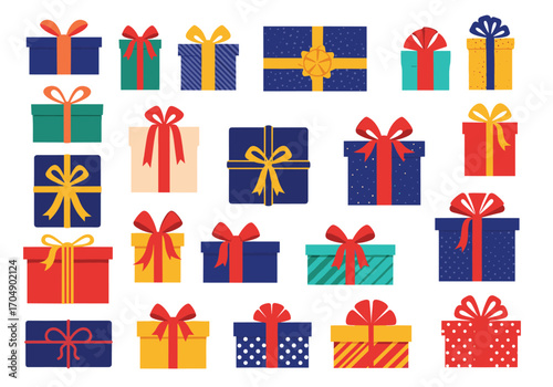 A collection of various colorful gift boxes with ribbons and bows.