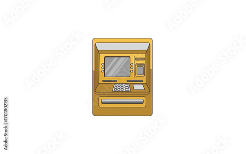 Illustration of a golden atm machine with a screen keypad and money slot on a white background view