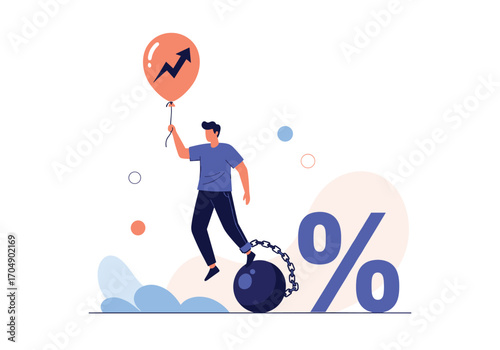 Man escapes debt by flying away on a balloon with rising graph.