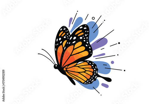 A monarch butterfly takes flight with colorful abstract splashes.