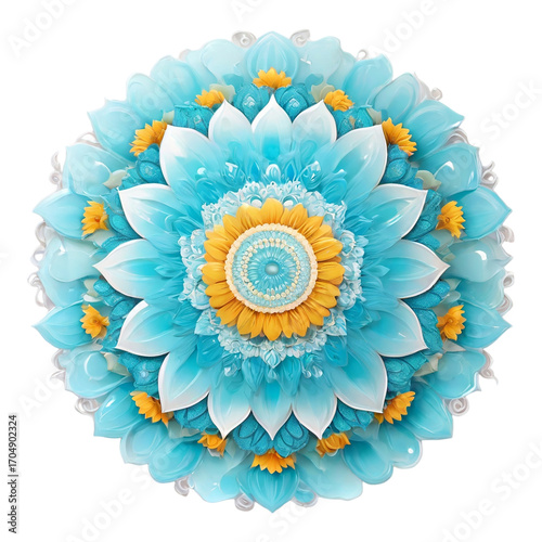 Luminous Blue and Yellow Floral Mandala with Translucent Petals and White Accents image photo