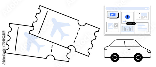 Travel tickets with an airplane icon, a data dashboard screen, and a car element. Ideal for travel planning, transportation, logistics, booking systems, analytics, navigation and a simple flat
