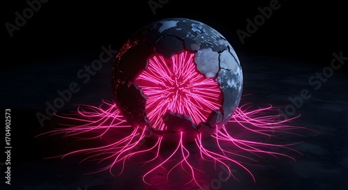 A cracked globe glowing with neon roots, symbol of regeneration.