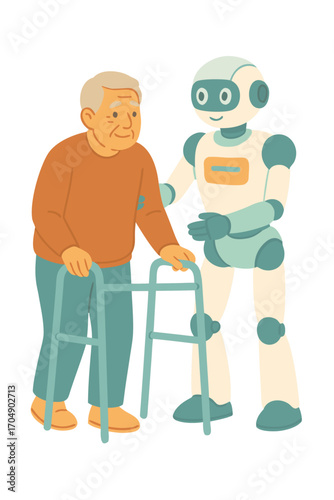 Flat vector illustration of robot assisting elderly man with walker. Artificial intelligence, healthcare robotics, elderly care and assistive technology concept