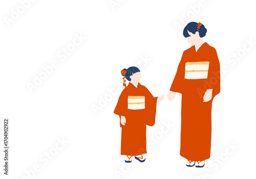フラットイラスト　手をつなごうとしている和服姿の親子