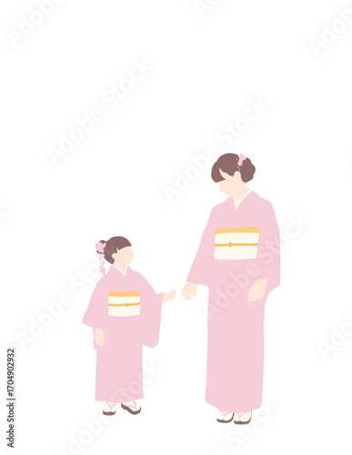 フラットイラスト　手をつなごうとしている和服姿の親子 桜色