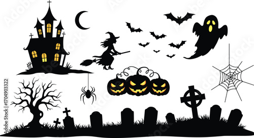 Halloween haunted graveyard scene with spooky house, flying witch, bats, ghost, spider web, pumpkins, crescent moon, crosses, and bare tree.