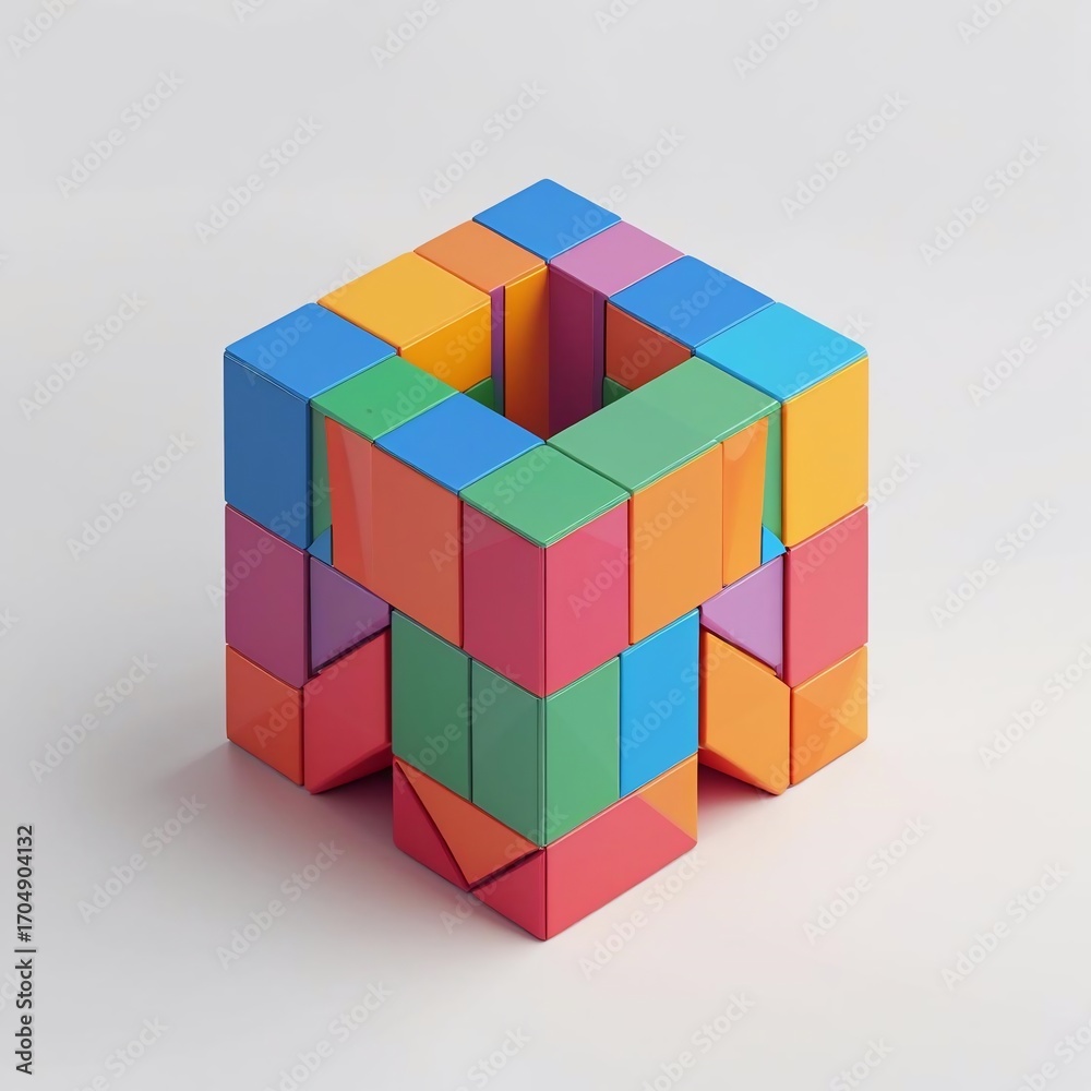 Obraz premium Multihued Building Blocks Intricately Assembled into a Dynamic Cubic Form