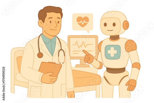 Flat vector illustration of doctor and medical robot analyzing patient health data. Artificial intelligence, digital healthcare, medical technology and hospital innovation concept