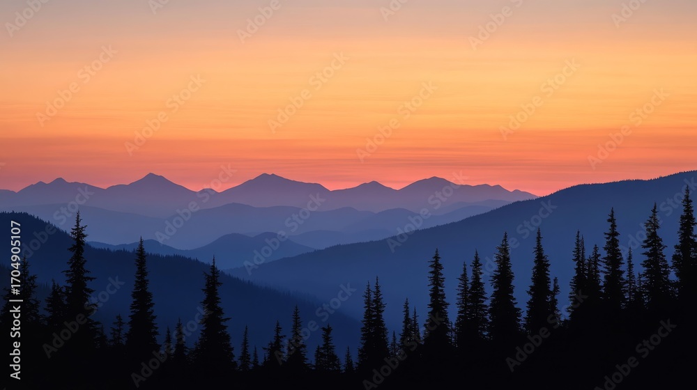 Obraz premium silhouette of distant mountain range outlined by fiery sky, conifer forest shadowed in cool twilight