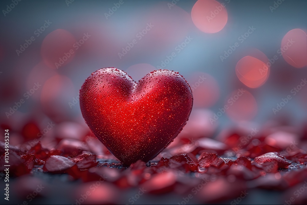 Fototapeta premium A shiny red heart resting on a bed of scattered rose petals, with soft bokeh lights in the background, evoking romance and love