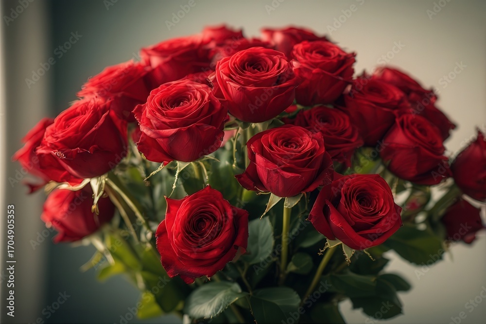 Obraz premium A close-up of a lush bouquet of vibrant red roses with rich petals and green foliage, captured in soft, natural lighting for a romantic and elegant effect