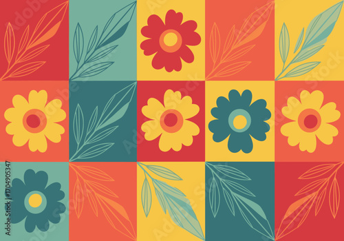Retro Floral Pattern with Leaves and Geometric Blocks.